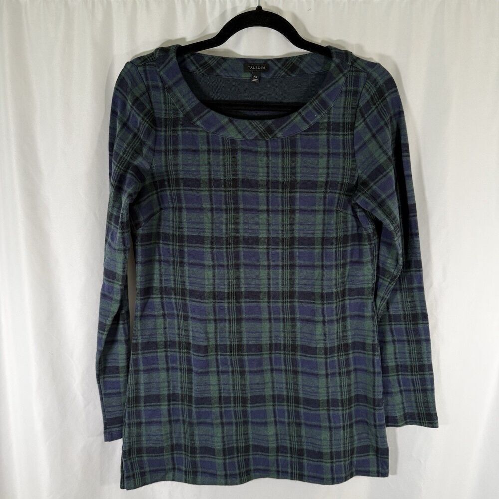 Talbots Blouse Women's XS Green Blue Plaid Long Sleeve Round Neck